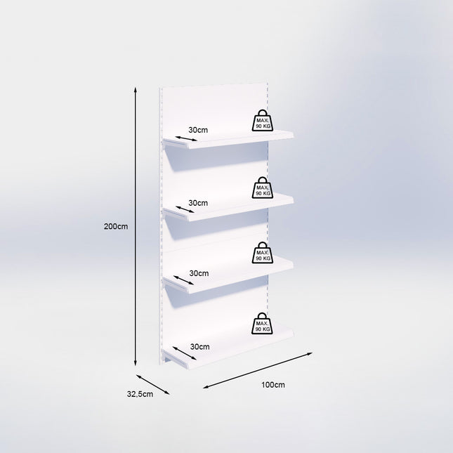 Wandrailstelling - H200 x B100 x D30 cm - 4 niveaus - Wit
