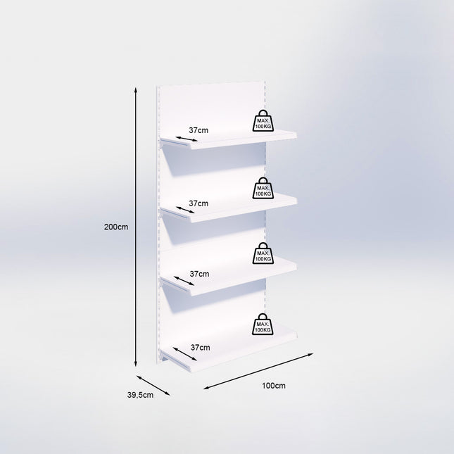 Wandrailstelling - H200 x B100 x D37 cm - 4 niveaus - Wit