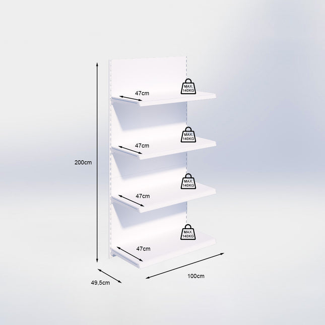 Wandrailstelling - H200 x B100 x D47 cm - 4 niveaus - Wit