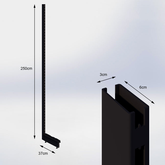 Staander Zwart (H x B x D) 250 cm x 3 cm x 6 cm met voet (D) 37 cm